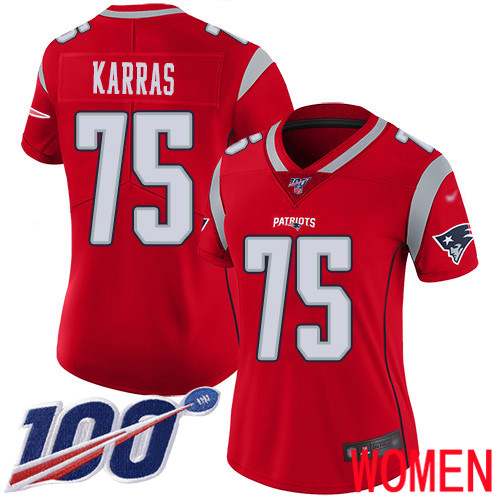 New England Patriots Football #75 100th Season Inverted Legend Limited Red Women Ted Karras NFL Jersey